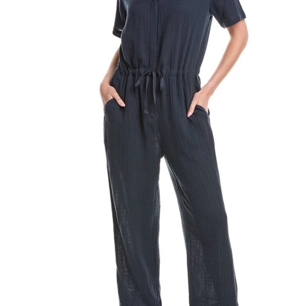 NWT Eileen Fisher Navy Short-Sleeve Wide-Leg Organic Gauze Drawstring Jumpsuit